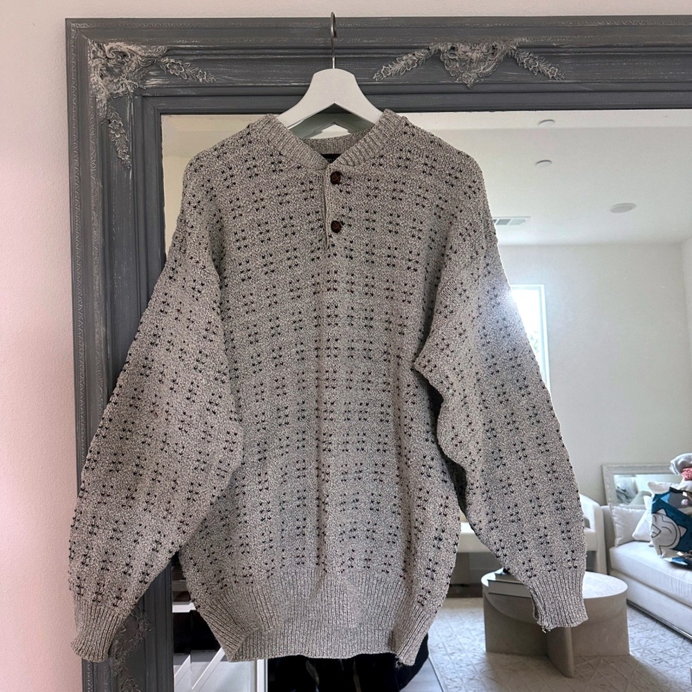 Liberty Vintage 90s Men's Henley Sweater Gray Cotton Textured Knit Oversized L